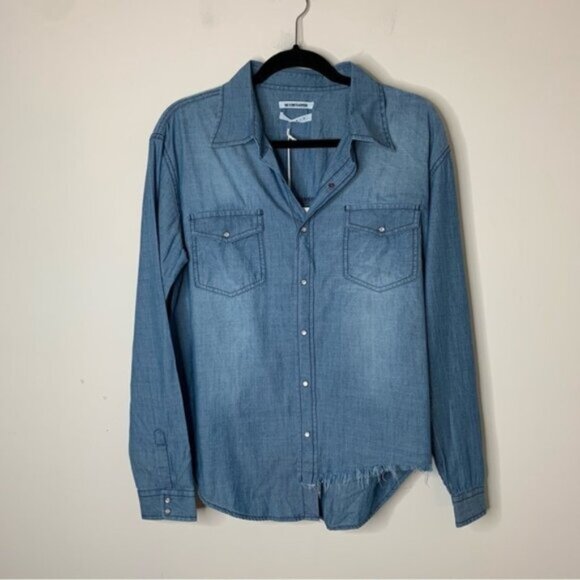 FREE PEOPLE One Teaspoon Chambray Button Down Denim Shirt Frayed Blue Size XS - Picture 4 of 16